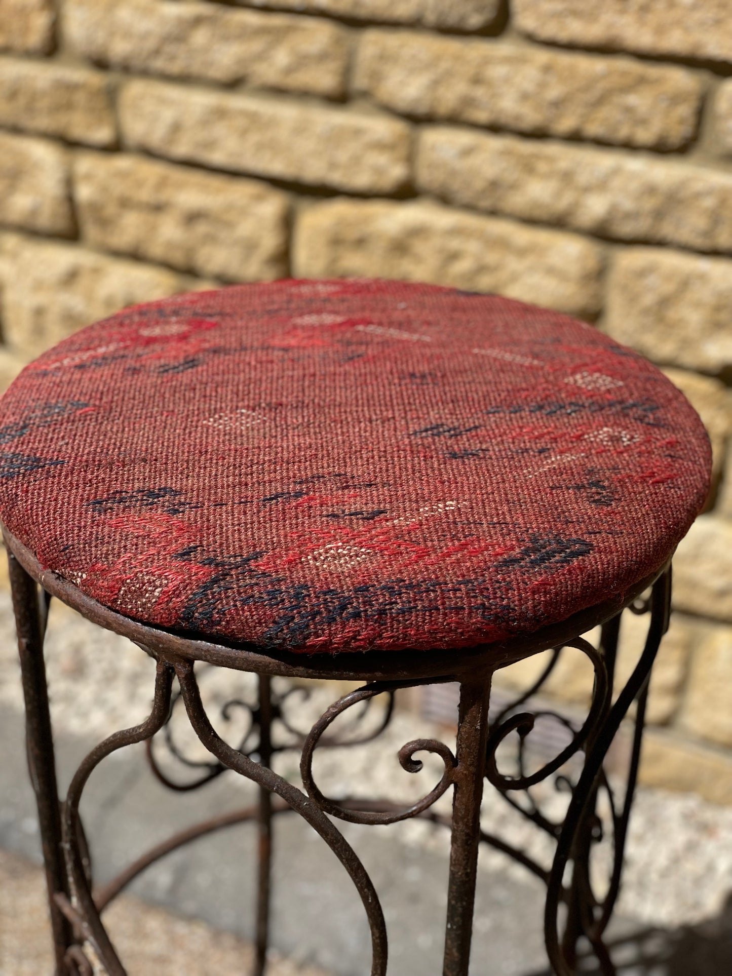 Rustic Moroccan Artisan made wrought iron high stools upholstered in hand woven Kilim - x2