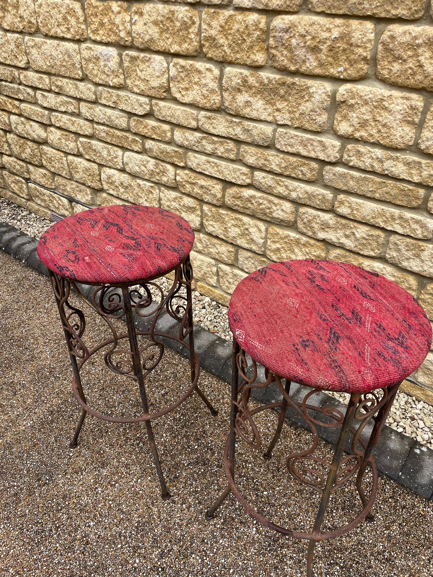 Rustic Moroccan Artisan made wrought iron high stools upholstered in hand woven Kilim - x2