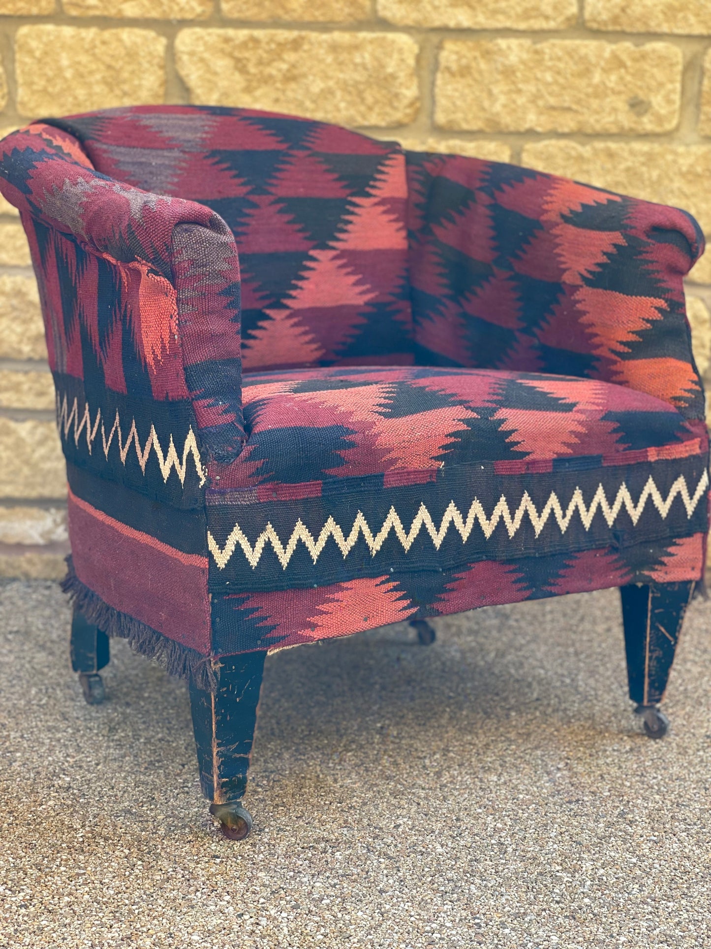 Antique Edwardian Tubchair - covered in Afghan Kilim