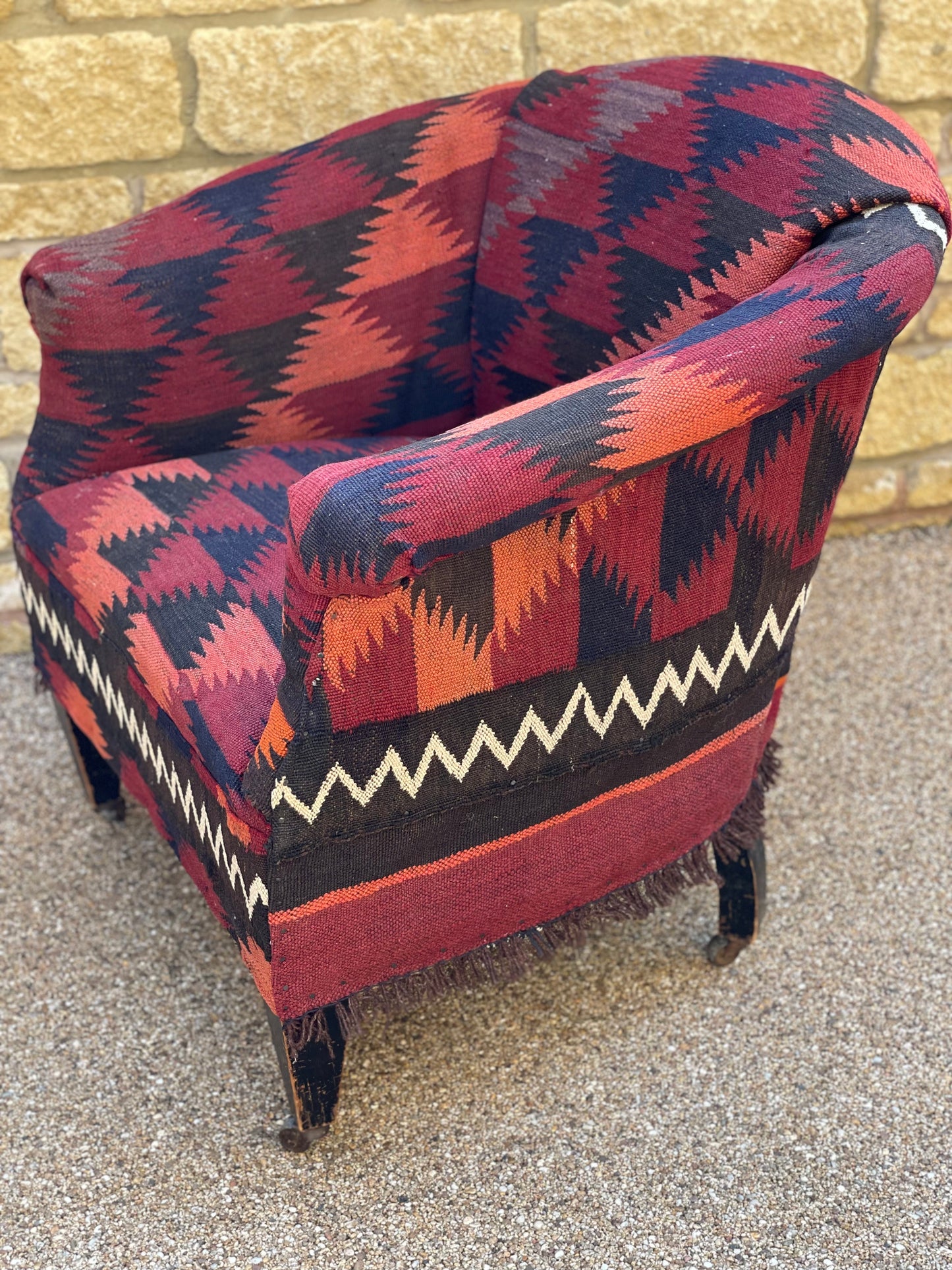 Antique Edwardian Tubchair - covered in Afghan Kilim
