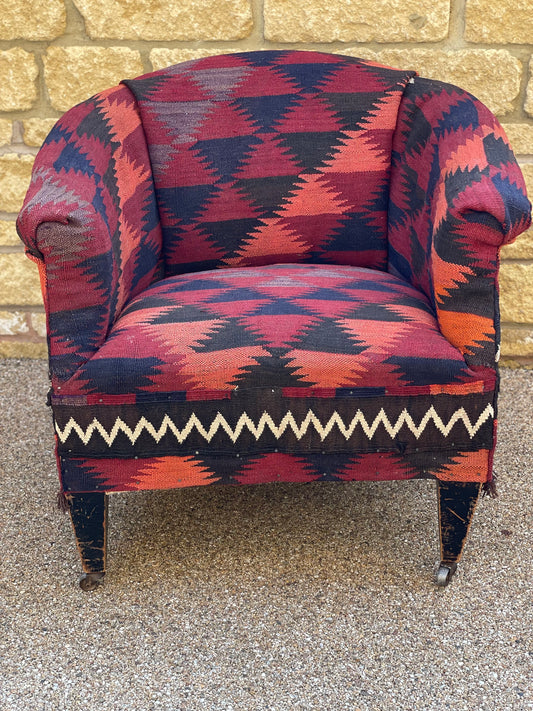 Antique Edwardian Tubchair - covered in Afghan Kilim