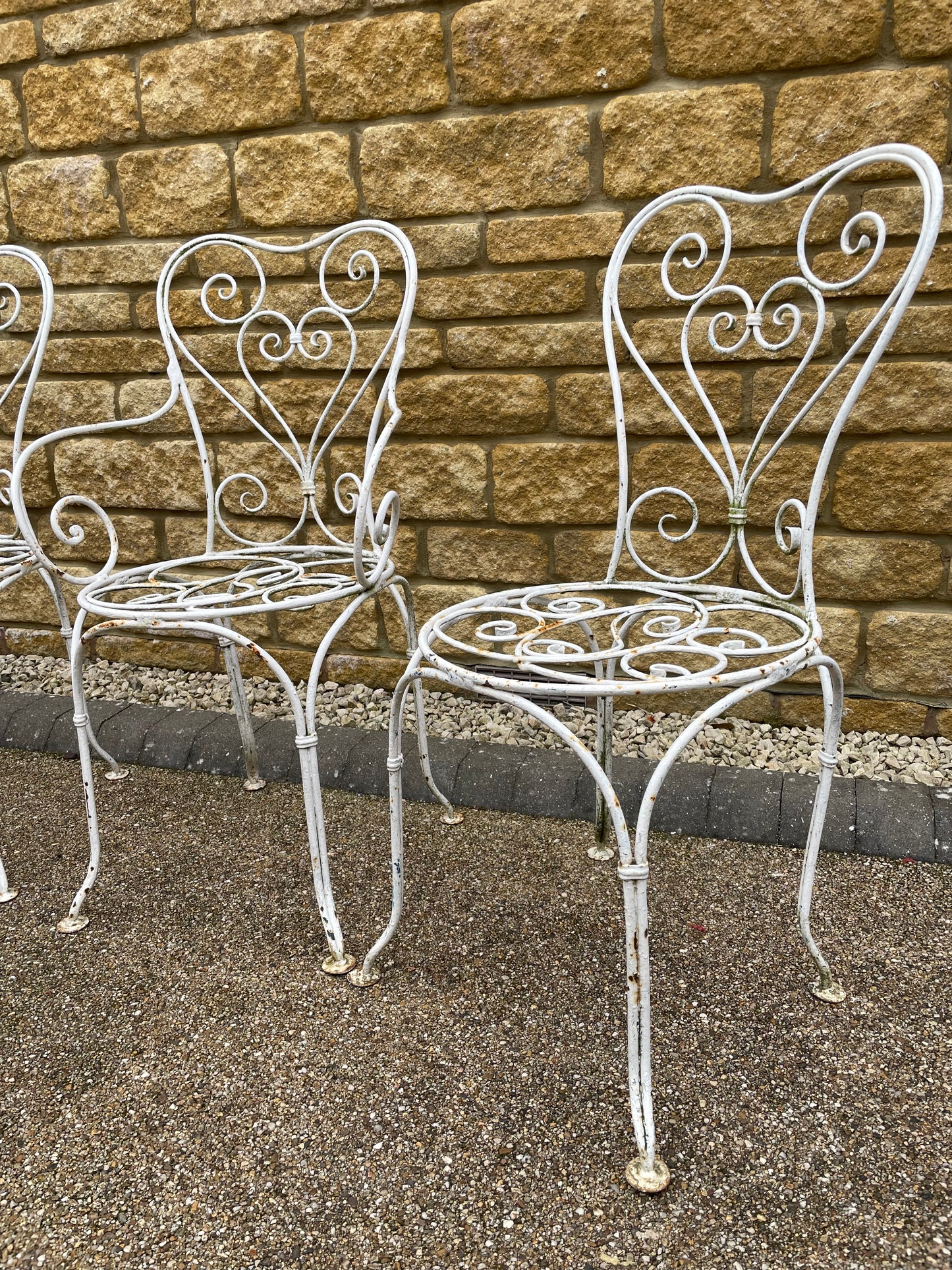Vintage French Iron scrolled garden chairs x4
