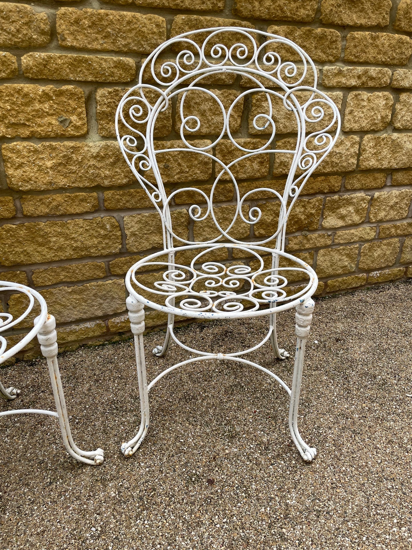 Vintage French scrolled iron garden chairs x2