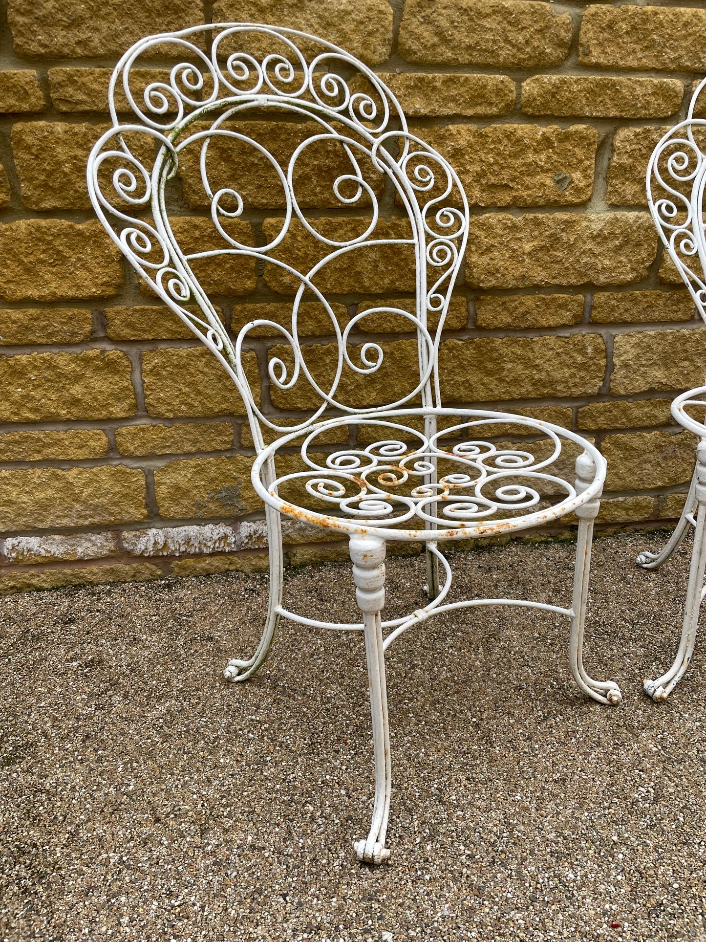 Vintage French scrolled iron garden chairs x2