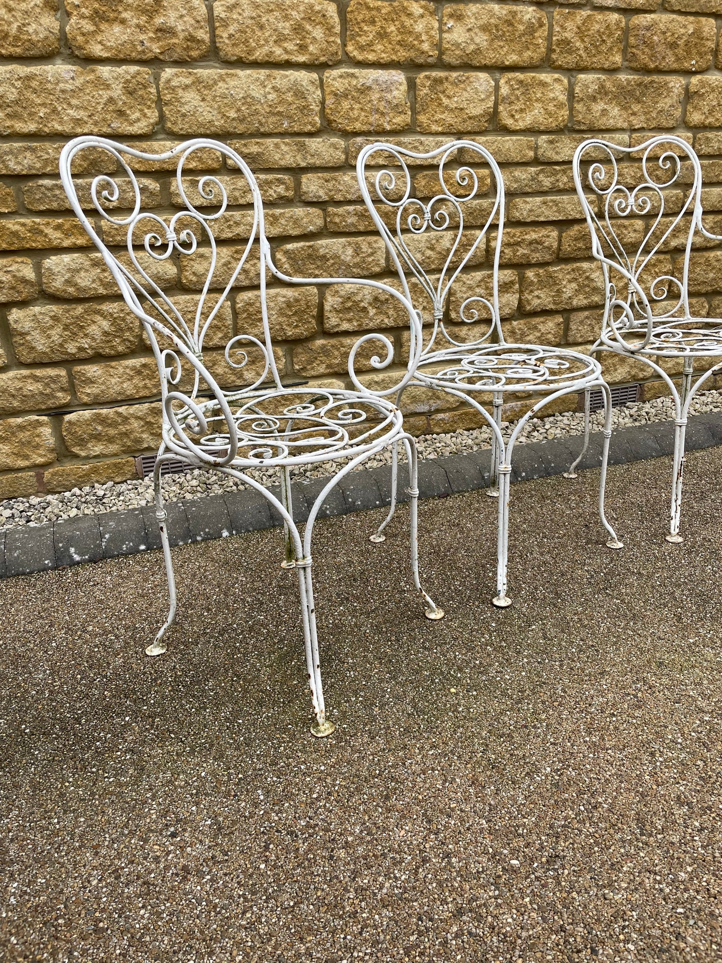 Vintage French Iron scrolled garden chairs x4
