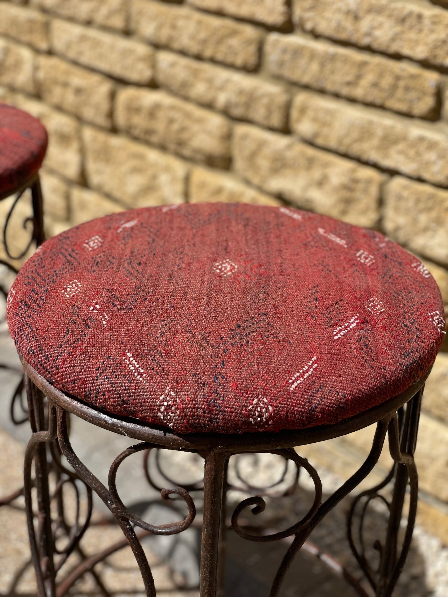 Rustic Moroccan Artisan made wrought iron high stools upholstered in hand woven Kilim - x2