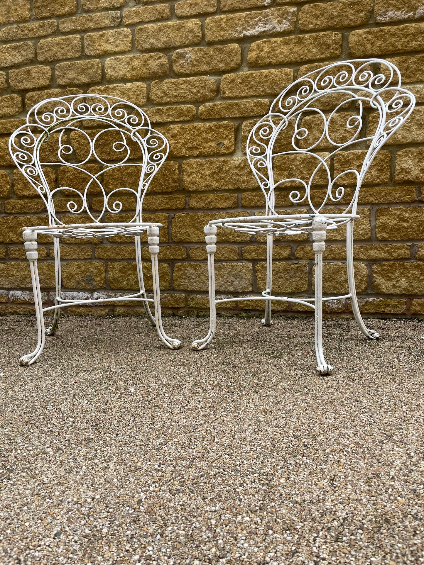 Vintage French scrolled iron garden chairs x2