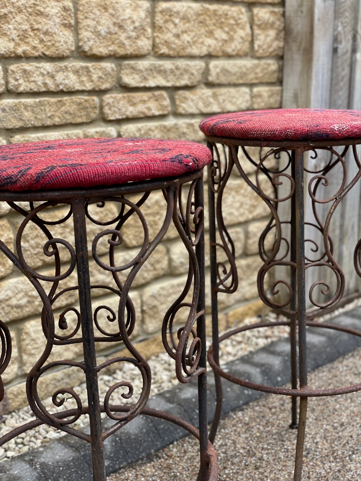 Rustic Moroccan Artisan made wrought iron high stools upholstered in hand woven Kilim - x2