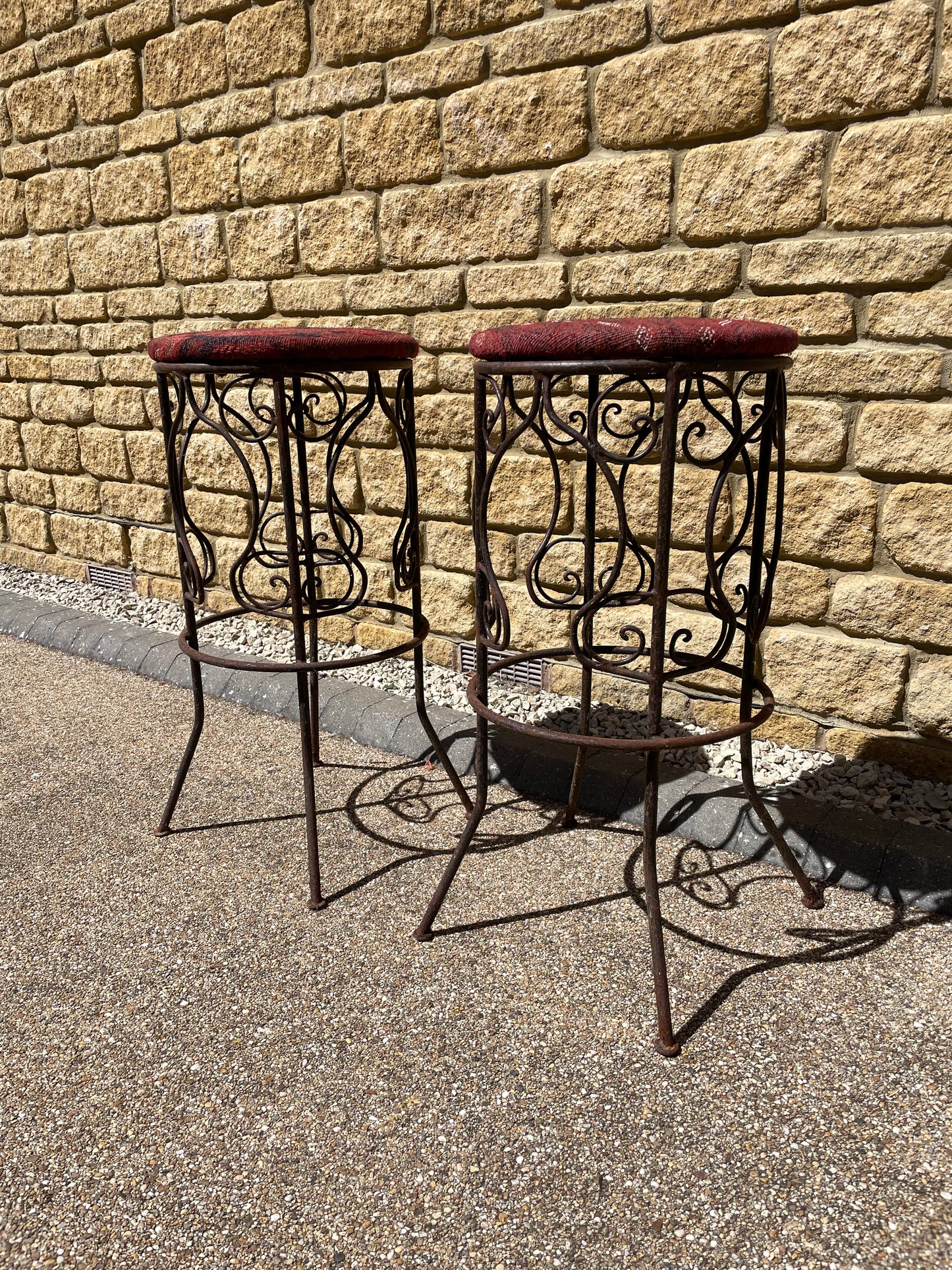 Rustic Moroccan Artisan made wrought iron high stools upholstered in hand woven Kilim - x2