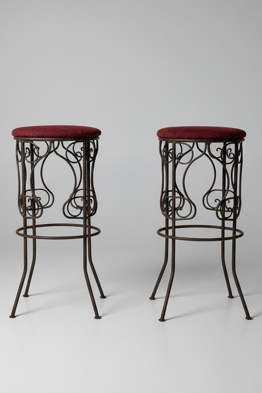 Rustic Moroccan Artisan made wrought iron high stools upholstered in hand woven Kilim - x2