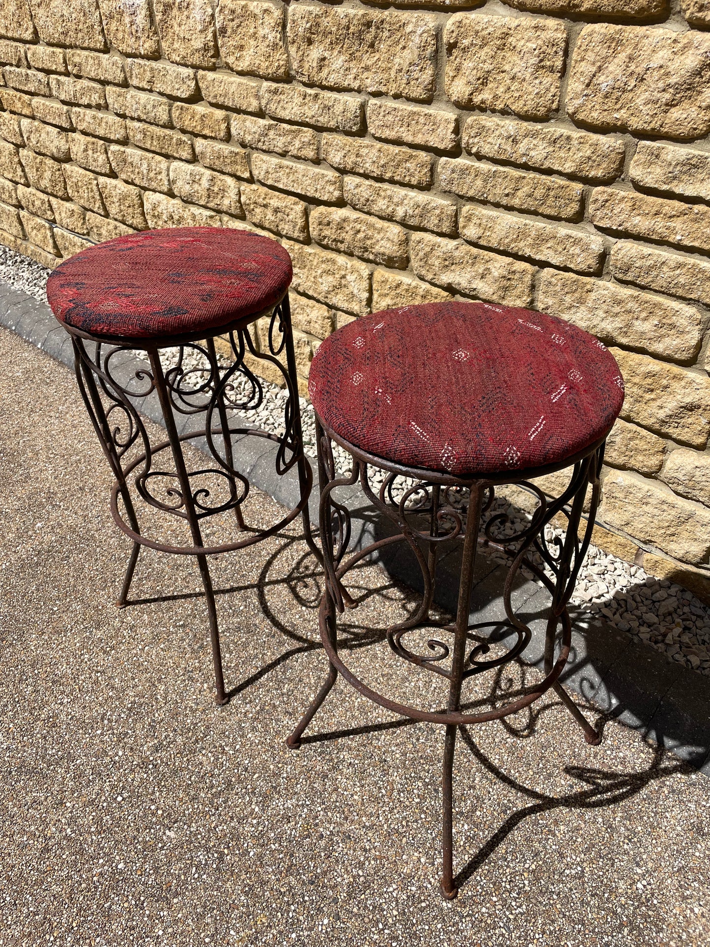 Rustic Moroccan Artisan made wrought iron high stools upholstered in hand woven Kilim - x2