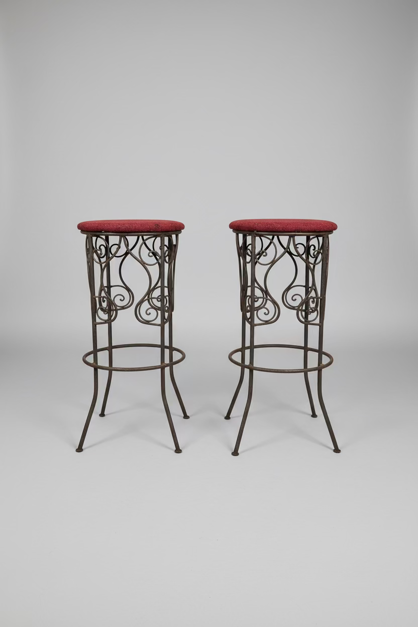 Rustic Moroccan Artisan made wrought iron high stools upholstered in hand woven Kilim - x2
