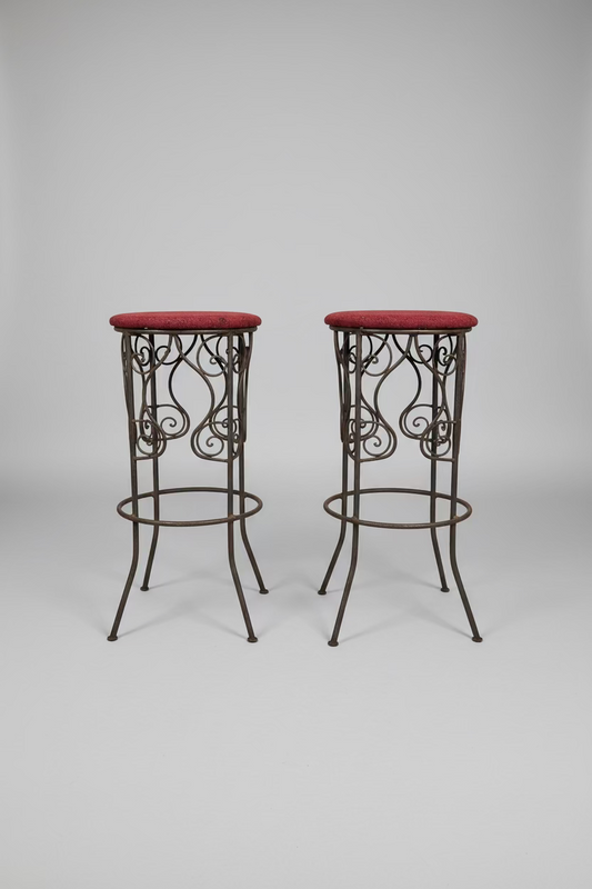 Rustic Moroccan Artisan made wrought iron high stools upholstered in hand woven Kilim - x2