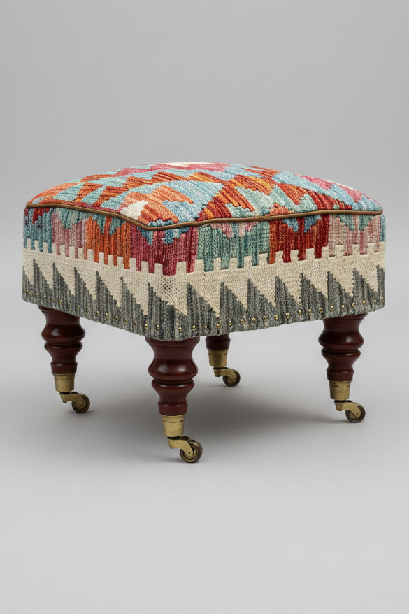 Kilim upholstered Ottoman/Stool on Brass Castors