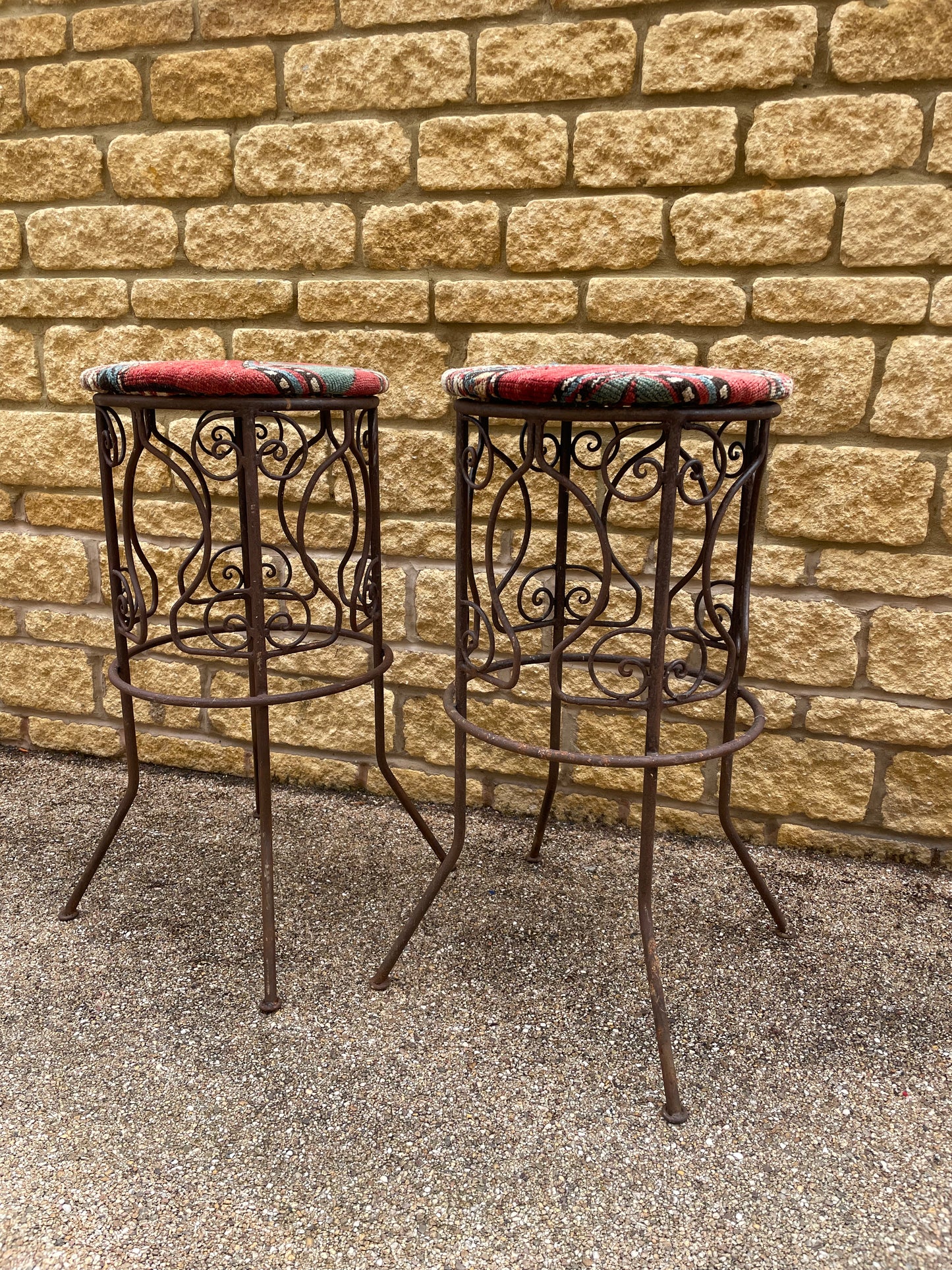 Rustic Moroccan Artisan made wrought iron high stools upholstered in 19th Century Caucasian Rug - x2