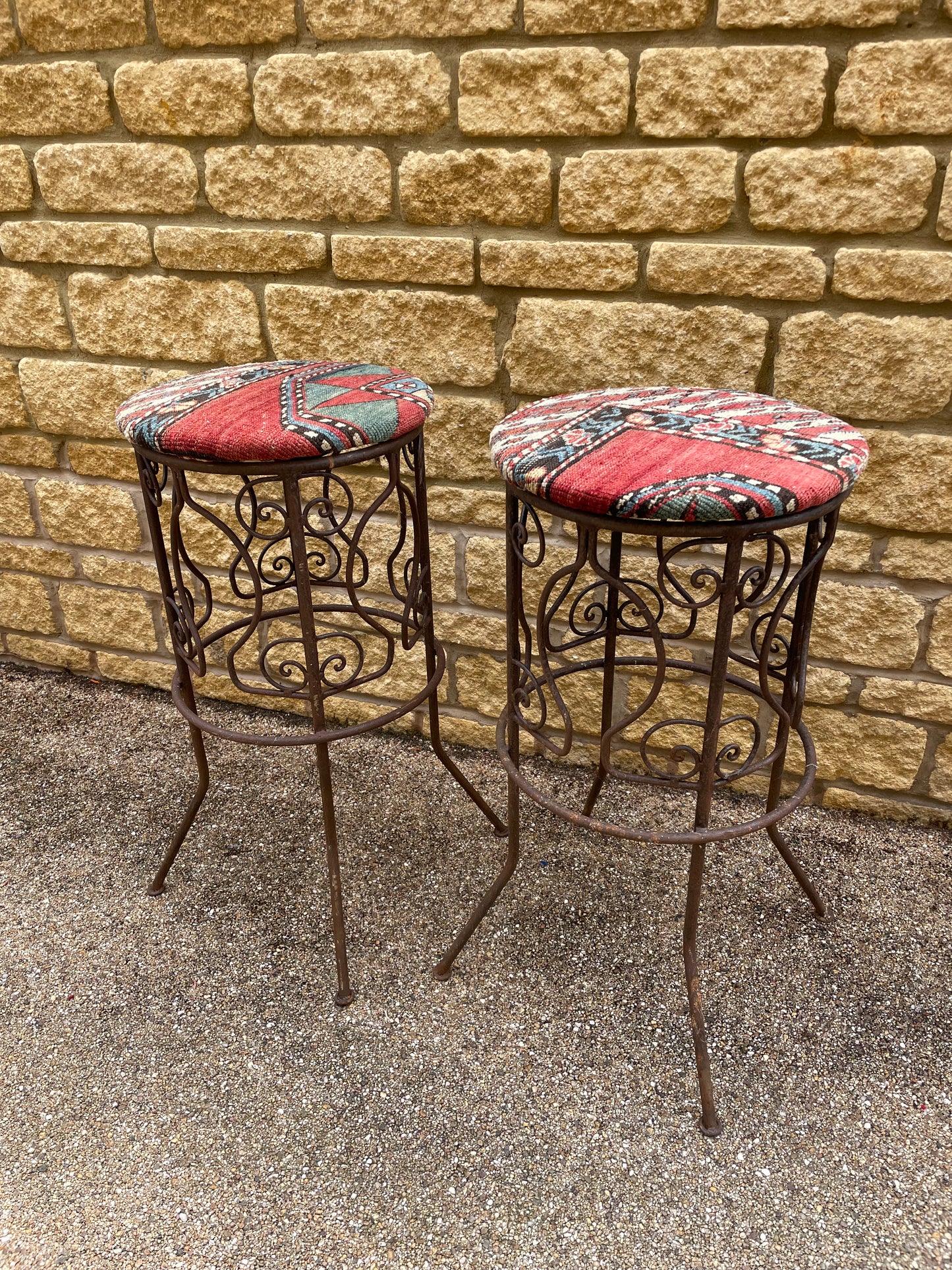 Rustic Moroccan Artisan made wrought iron high stools upholstered in 19th Century Caucasian Rug - x2