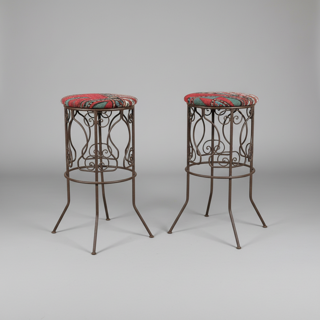 Rustic Moroccan Artisan made wrought iron high stools upholstered in 19th Century Caucasian Rug - x2