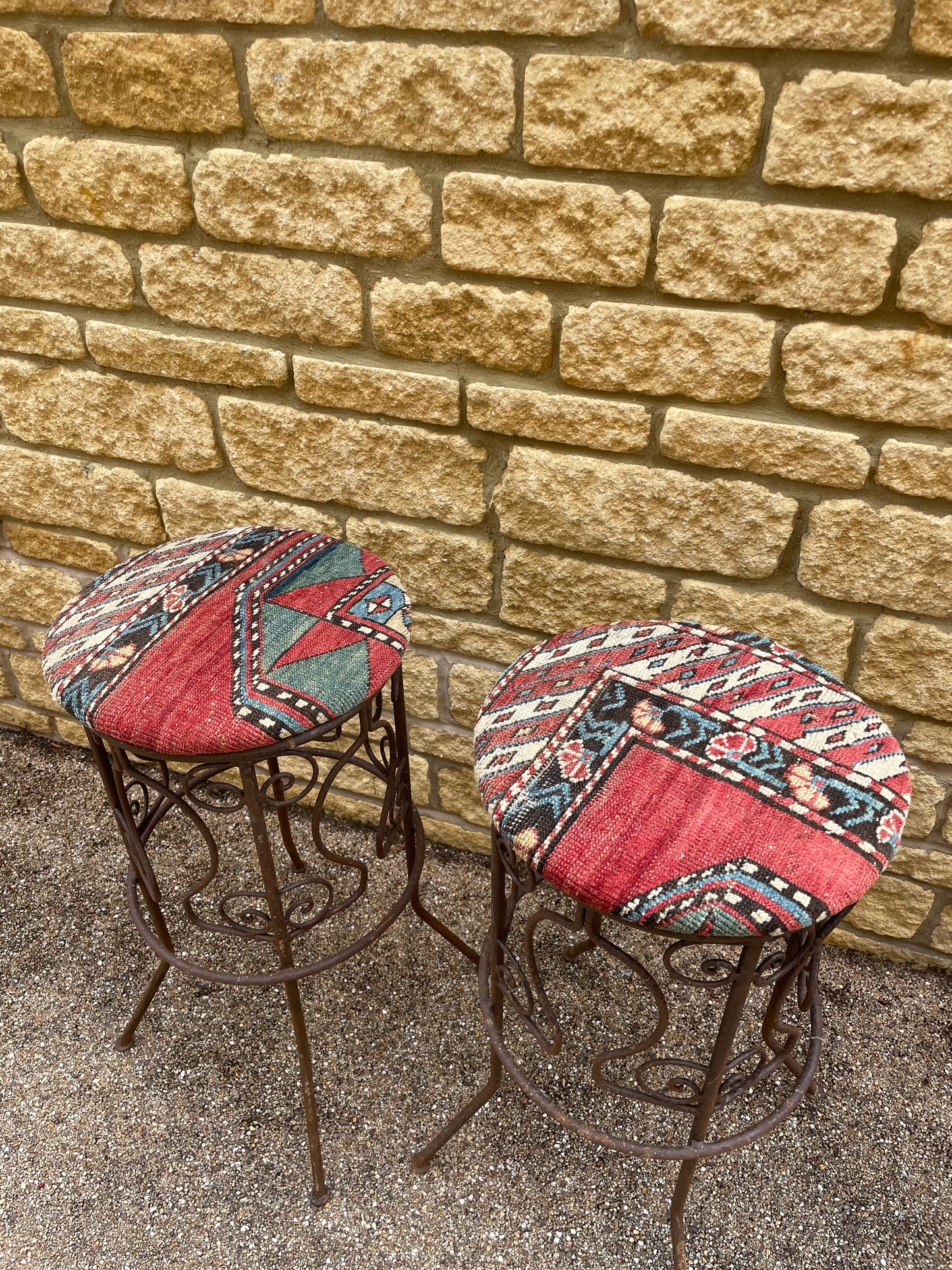 Rustic Moroccan Artisan made wrought iron high stools upholstered in 19th Century Caucasian Rug - x2