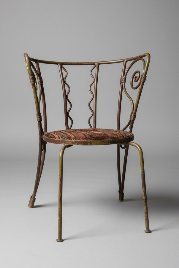 Quirky Wrought Iron Artisan Scrolling back Chair - Seat Upholstered in Antique Rug