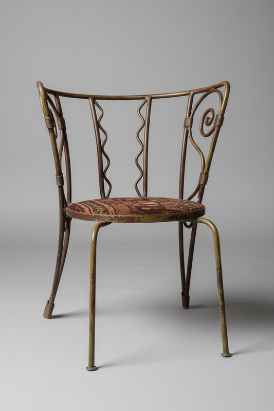 Quirky Wrought Iron Artisan Scrolling back Chair - Seat Upholstered in Antique Rug