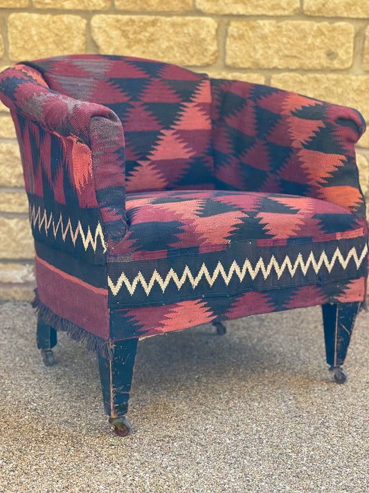 Antique Edwardian Tubchair - covered in Afghan Kilim